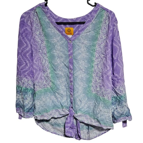 Ruby Rd Tie Dye Button Up Blouse Womens Size Large Purple Teal Roll Tab Sleeves - Picture 2 of 6